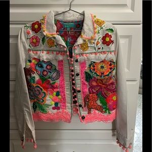 Embroidered Frida Kahlo White Denim Jacket